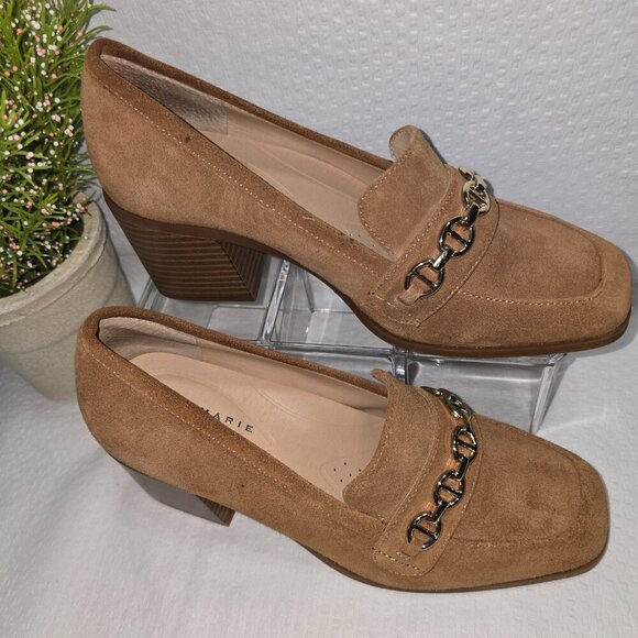 ALEX MARIE 4 FEATURE TECHNOLOGY CHUNKY HEELED TAN SUEDE LOAFERS CHAIN DETAIL 8 - Picture 1 of 9